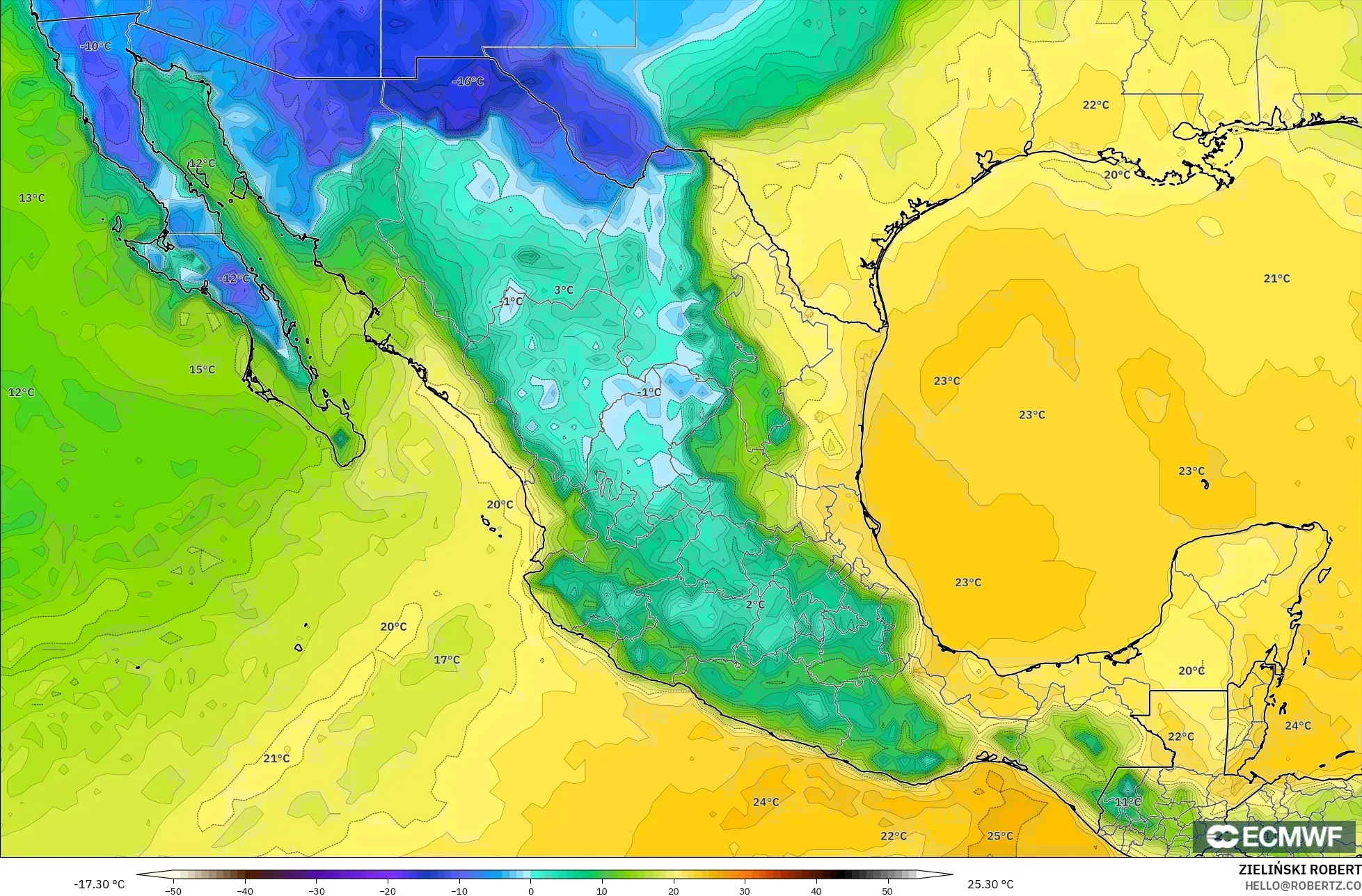 ECMWF IFS 0.25° model - Mexico, Dewpoint at 2m
