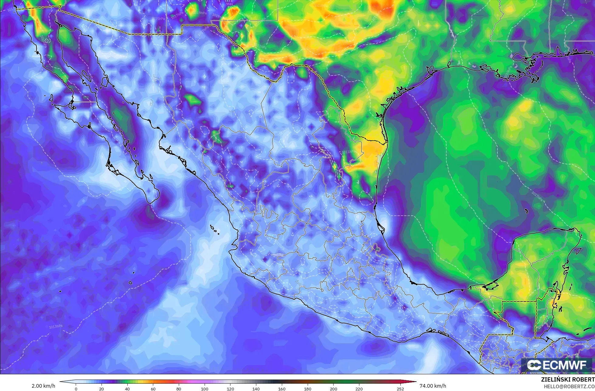 ECMWF IFS 0.25° model - Mexico, Wind Gusts Peak