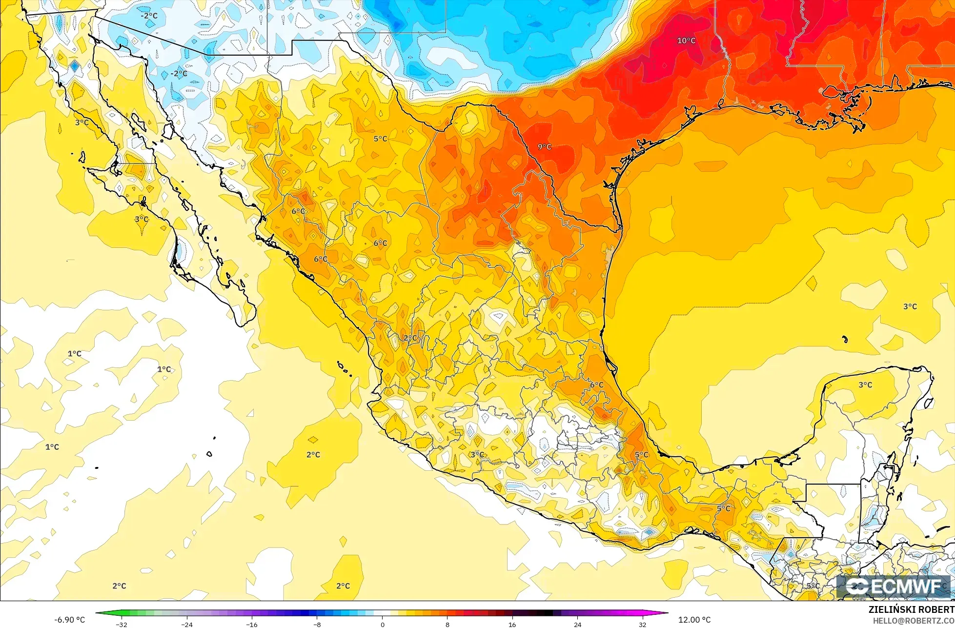 ECMWF IFS 0.25° model - Mexico, Temperature at 2m Anomaly