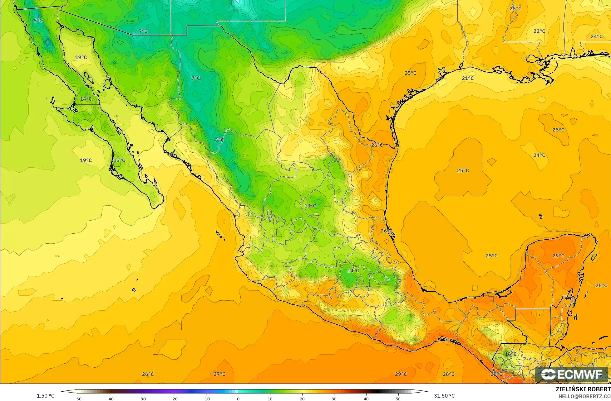 ECMWF IFS 0.25° model - Mexico, Temperature at 2m