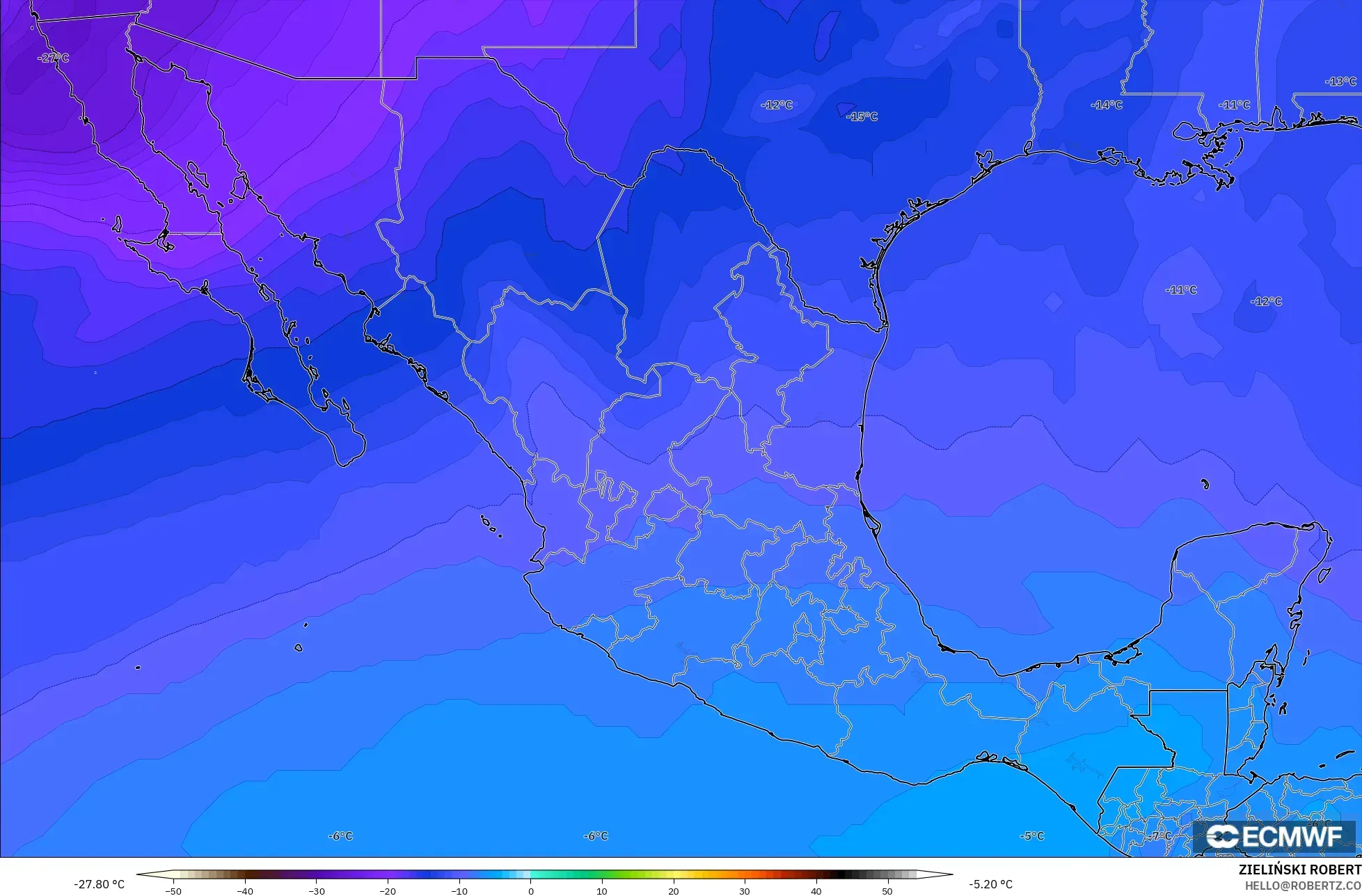 ECMWF IFS 0.25° model - Mexico, Temperature at 500hPa