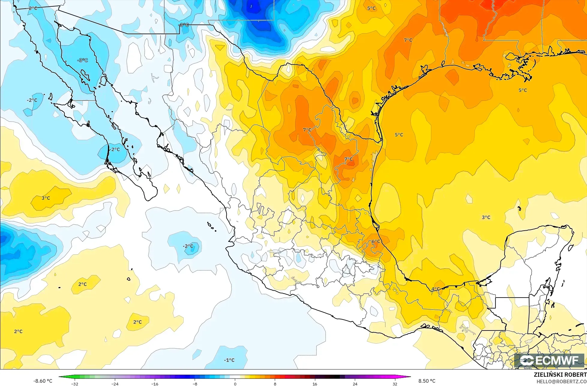 ECMWF IFS 0.25° model - Mexico, Temperature at 850hPa Anomaly