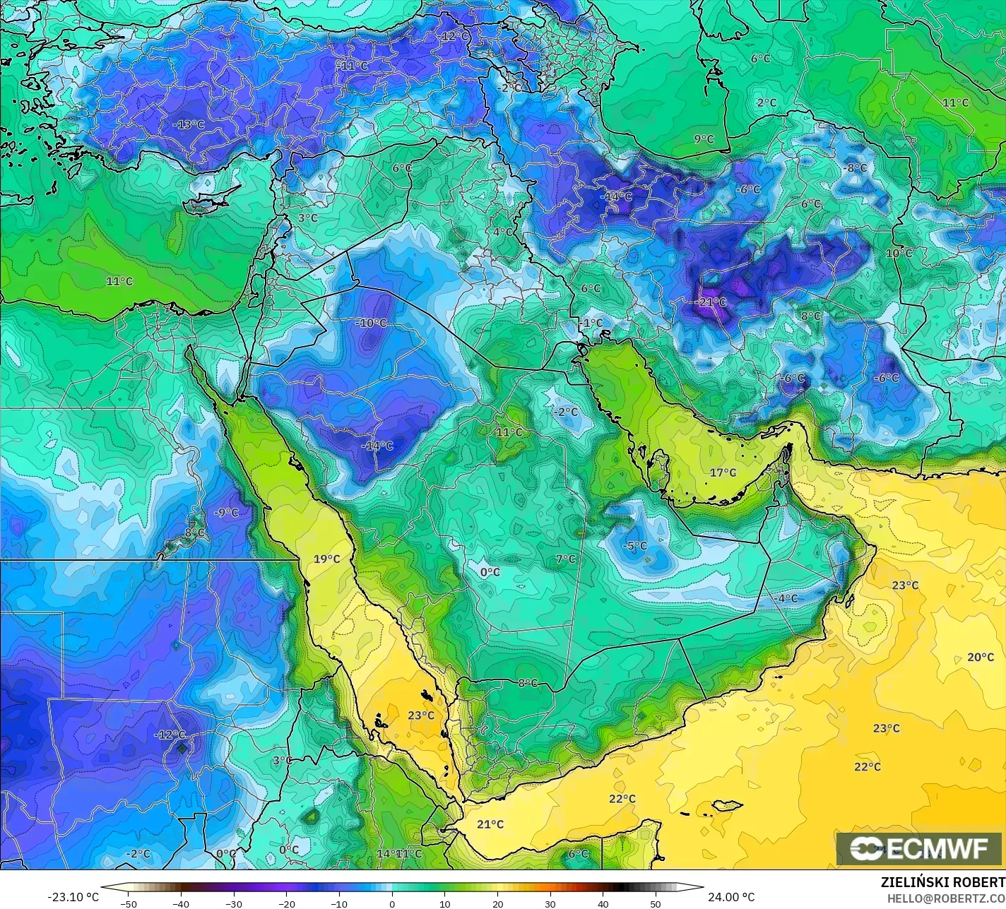 ECMWF IFS 0.25° model - Middle East, Dewpoint at 2m