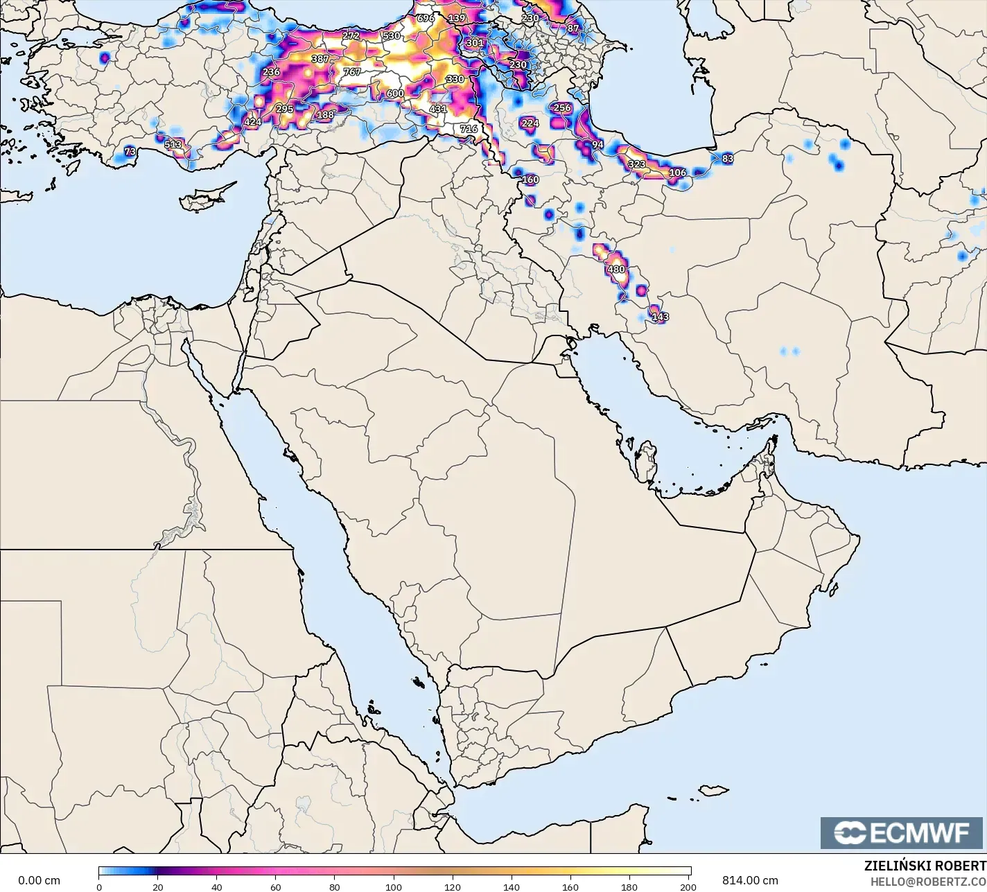 ECMWF IFS 0.25° model - Middle East, Snow Depth