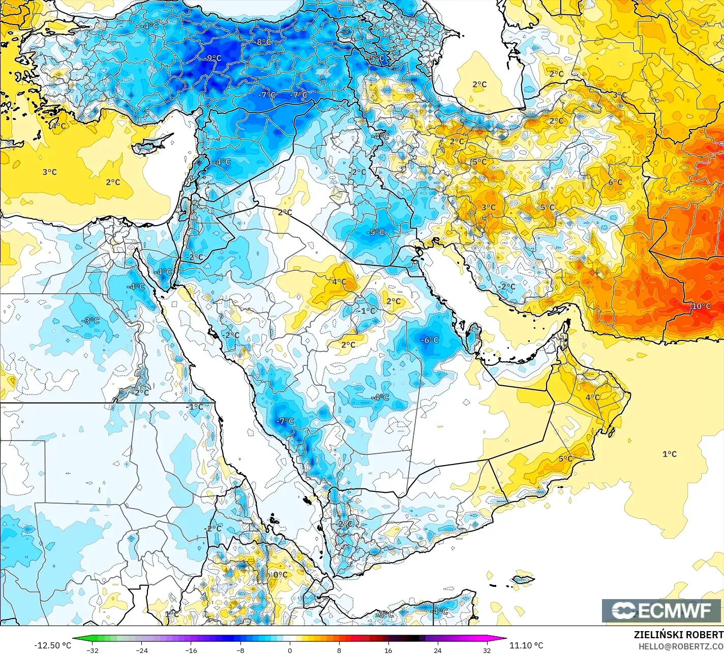 ECMWF IFS 0.25° model - Middle East, Temperature at 2m Anomaly