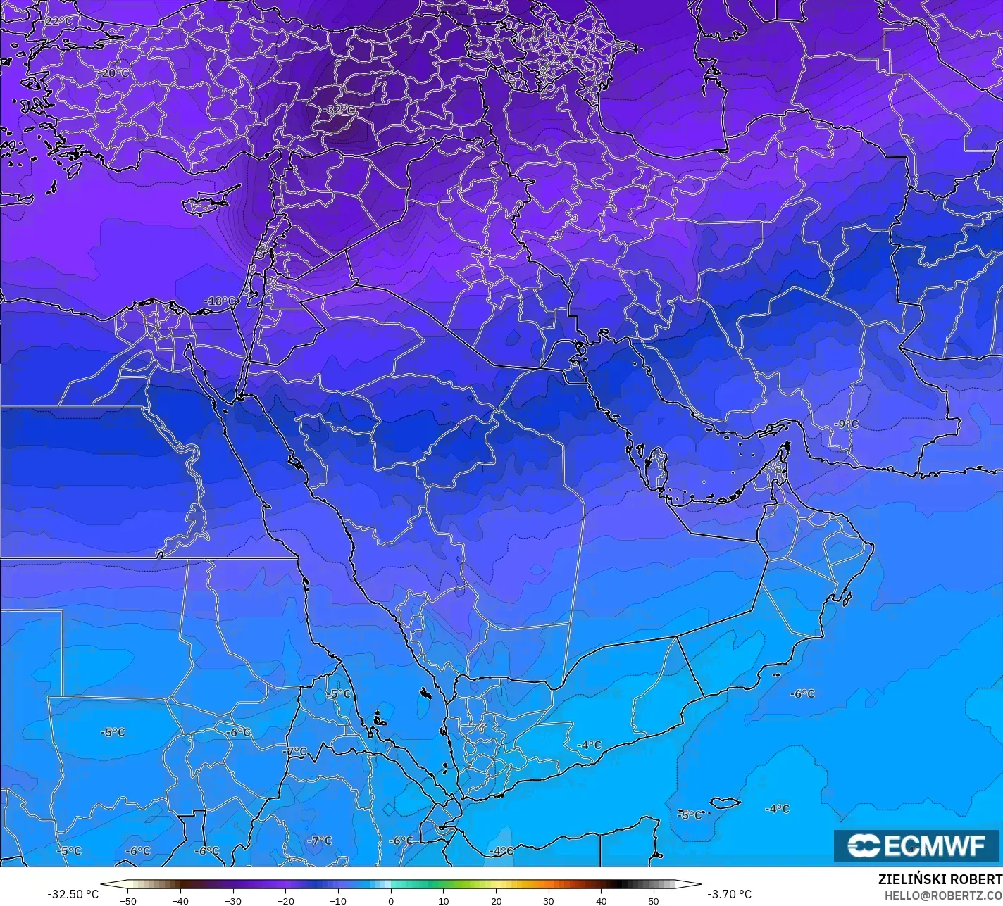 ECMWF IFS 0.25° model - Middle East, Temperature at 500hPa