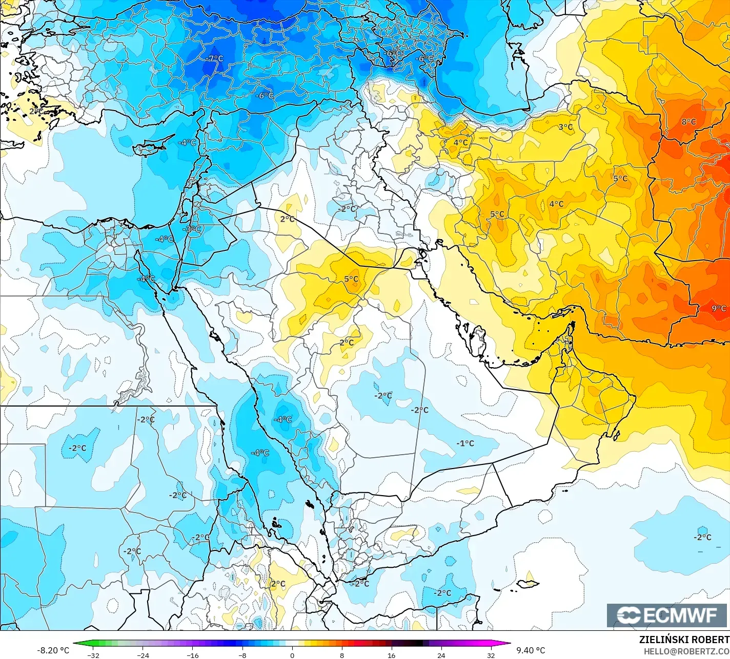ECMWF IFS 0.25° model - Middle East, Temperature at 850hPa Anomaly