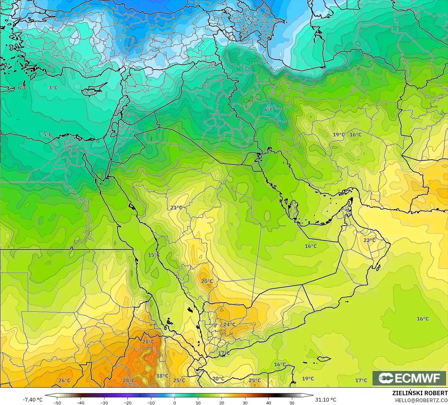 ECMWF IFS 0.25° model - Middle East, Temperature at 850hPa