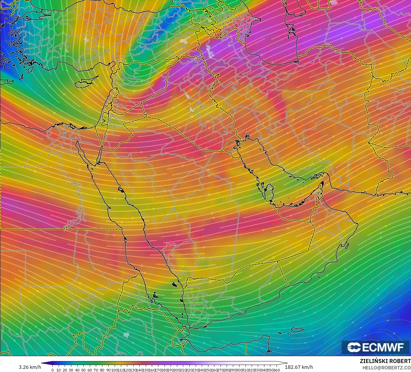 ECMWF IFS 0.25° model - Middle East, Wind at 300hPa (jet stream)