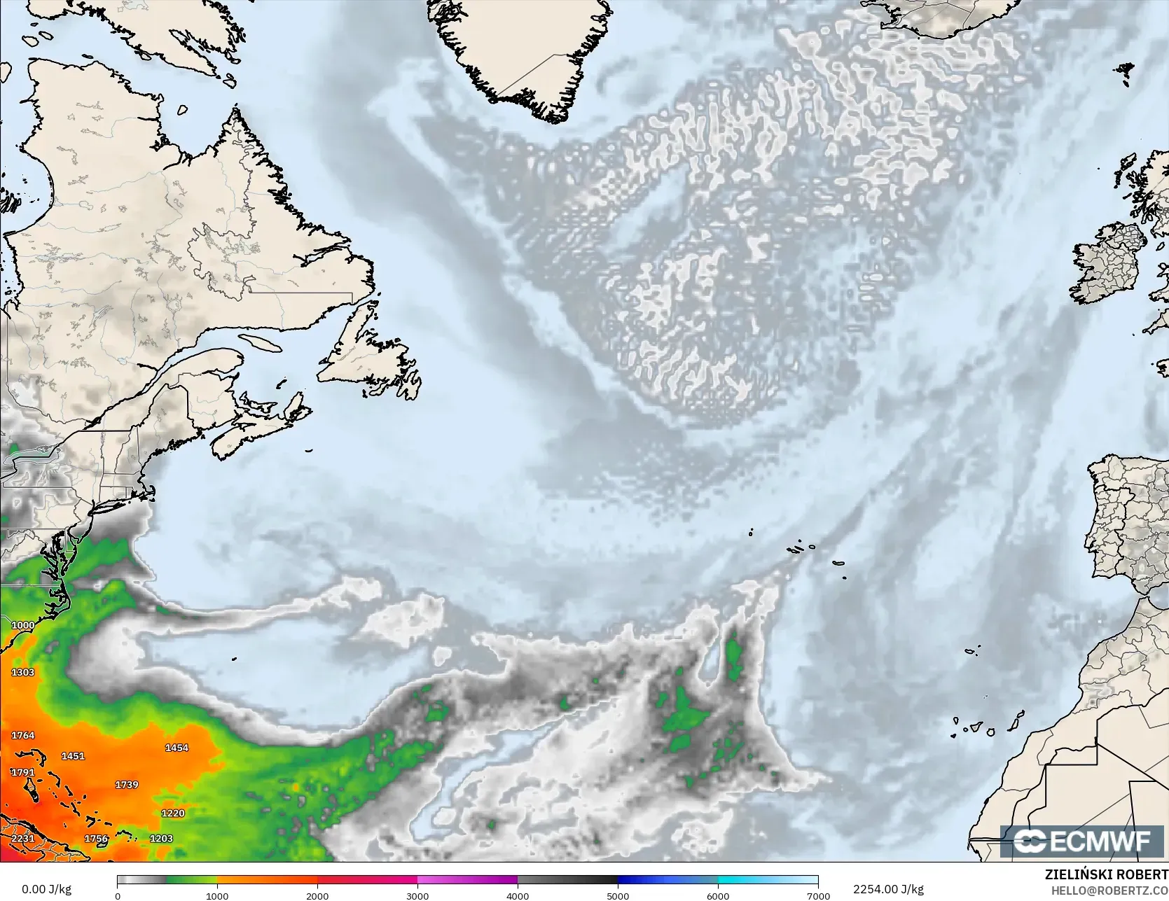 ECMWF IFS 0.25° model - North Atlantic, CAPE
