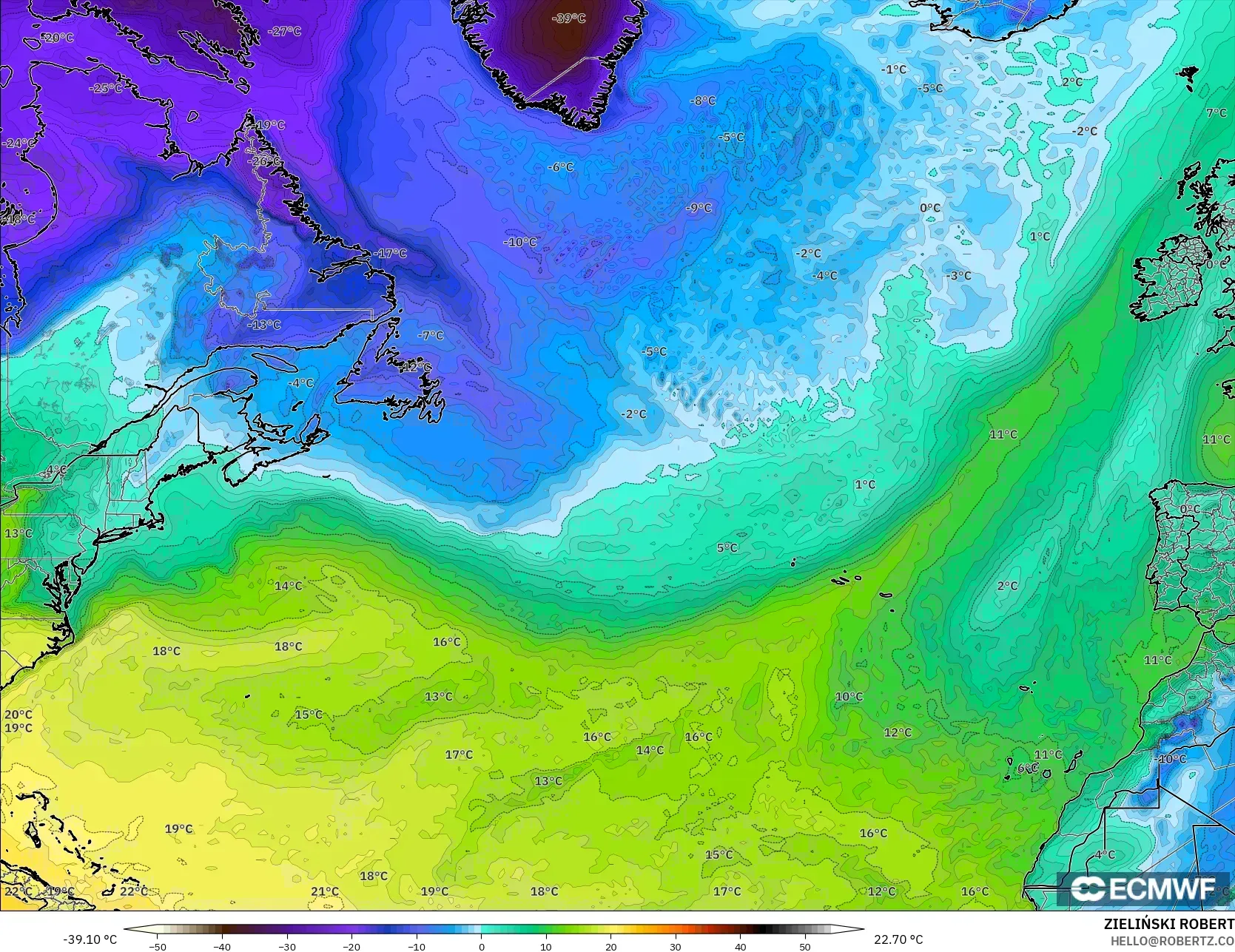 ECMWF IFS 0.25° model - North Atlantic, Dewpoint at 2m