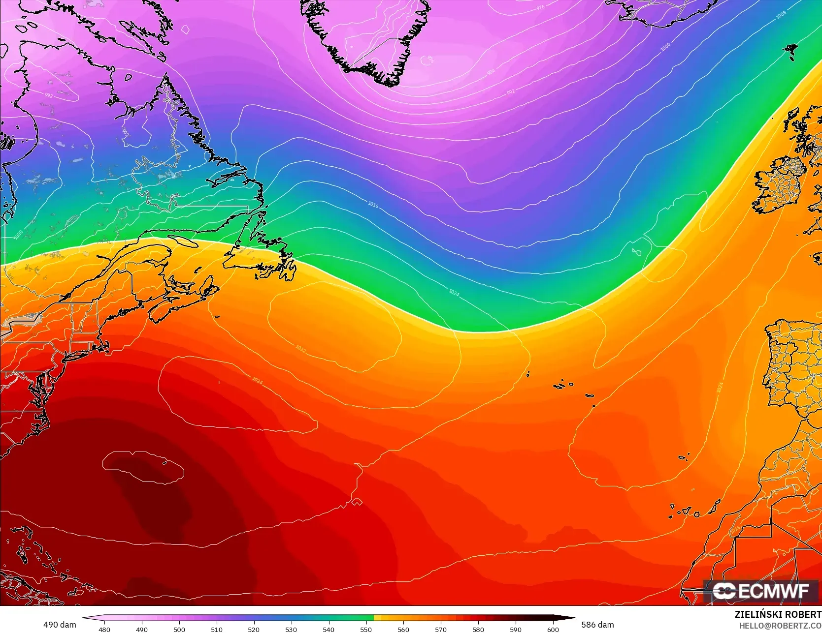 ECMWF IFS 0.25° model - North Atlantic, Geopotential height at 500hPa