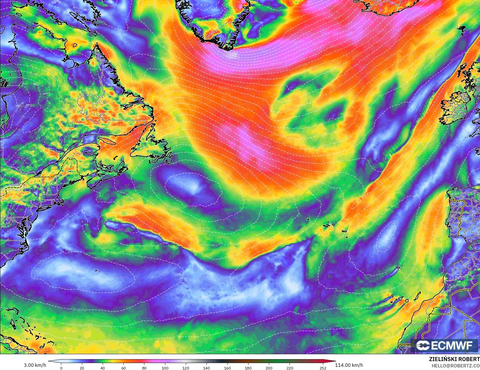 ECMWF IFS 0.25° model - North Atlantic, Wind Gusts Peak