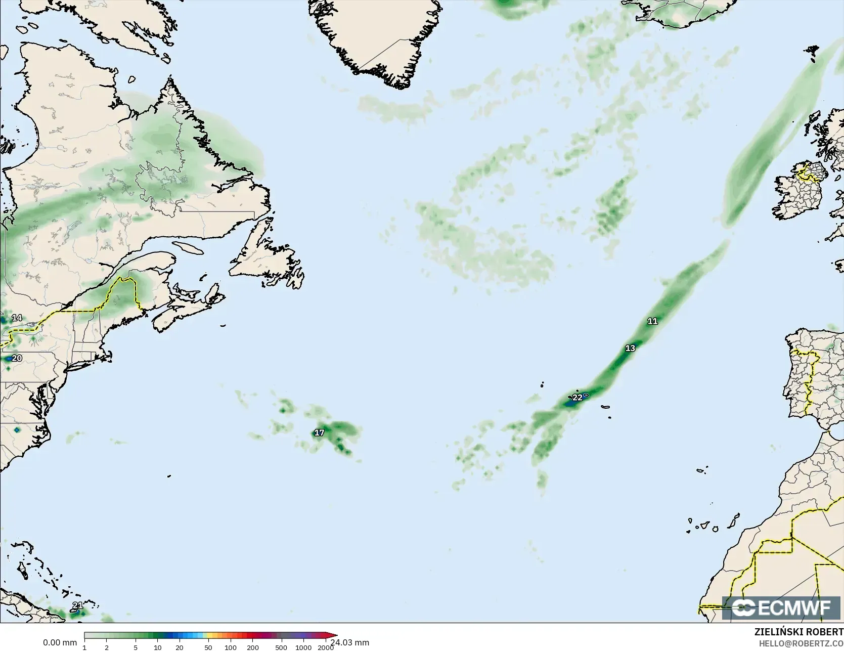 ECMWF IFS 0.25° model - North Atlantic, Precipitation Accumulation