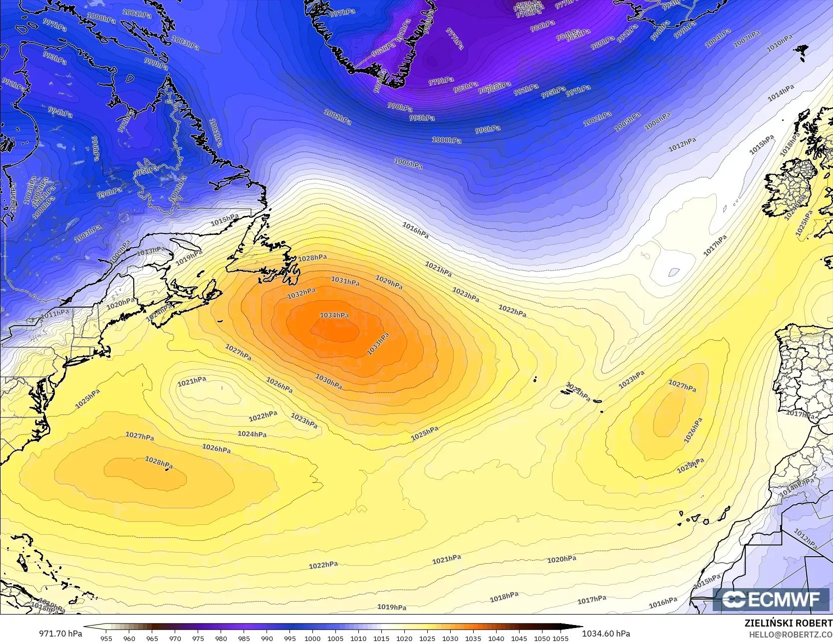 ECMWF IFS 0.25° model - North Atlantic, Pressure