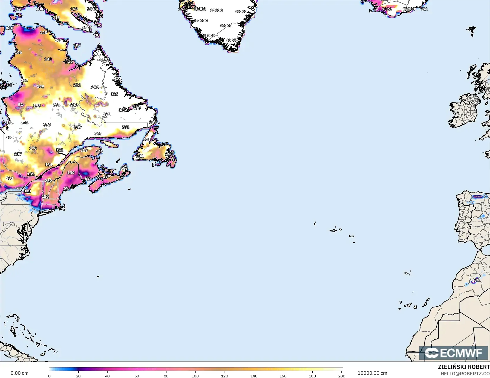 ECMWF IFS 0.25° model - North Atlantic, Snow Depth