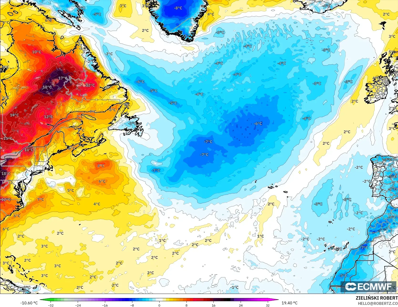 ECMWF IFS 0.25° model - North Atlantic, Temperature at 2m Anomaly