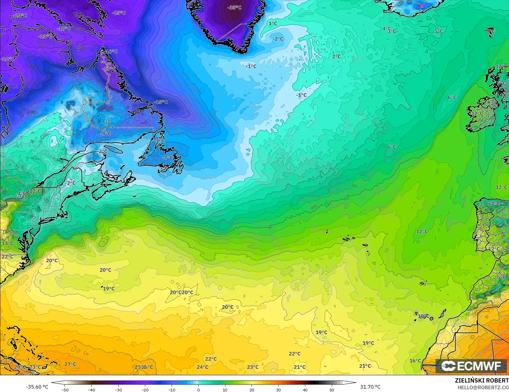 ECMWF IFS 0.25° model - North Atlantic, Temperature at 2m
