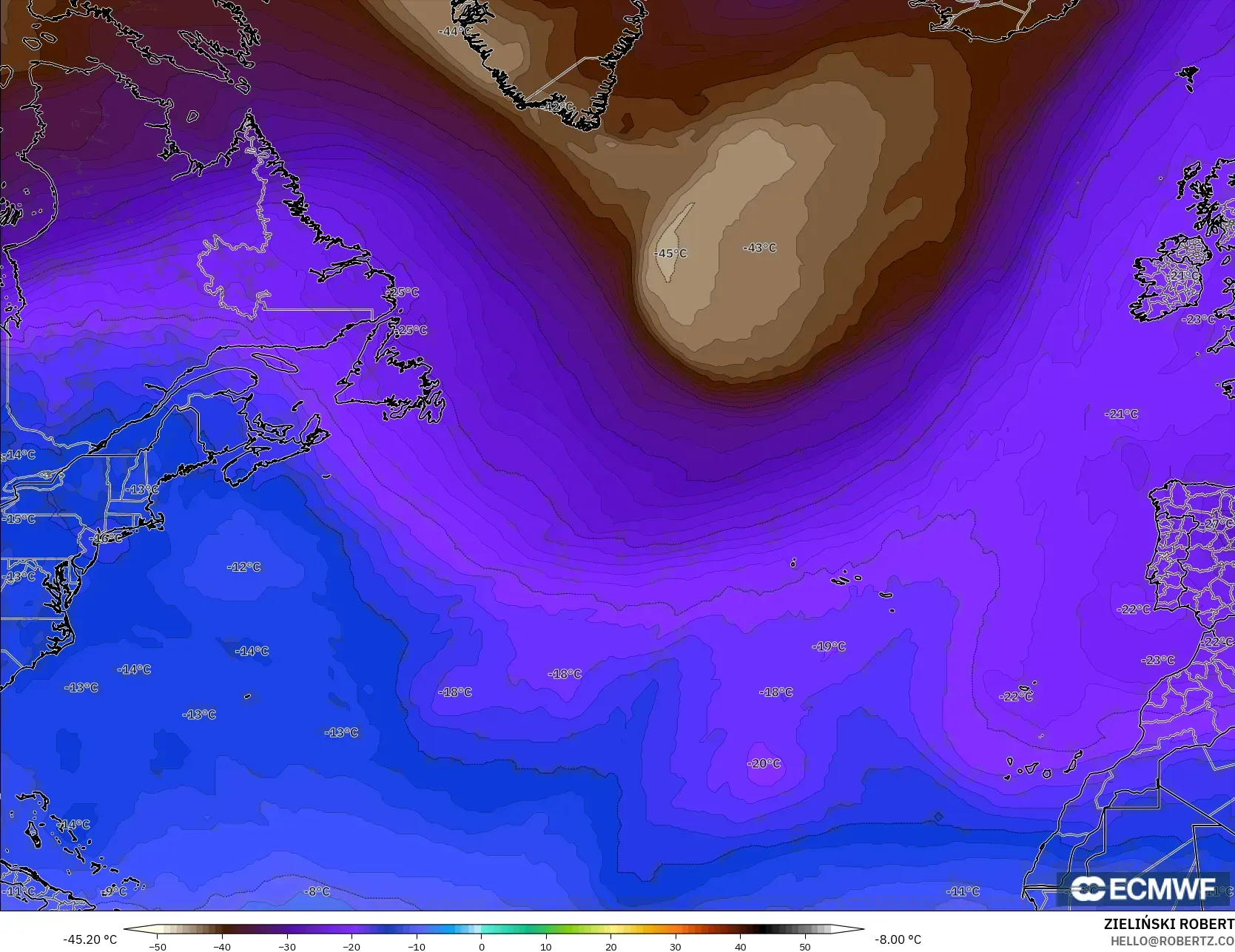 ECMWF IFS 0.25° model - North Atlantic, Temperature at 500hPa