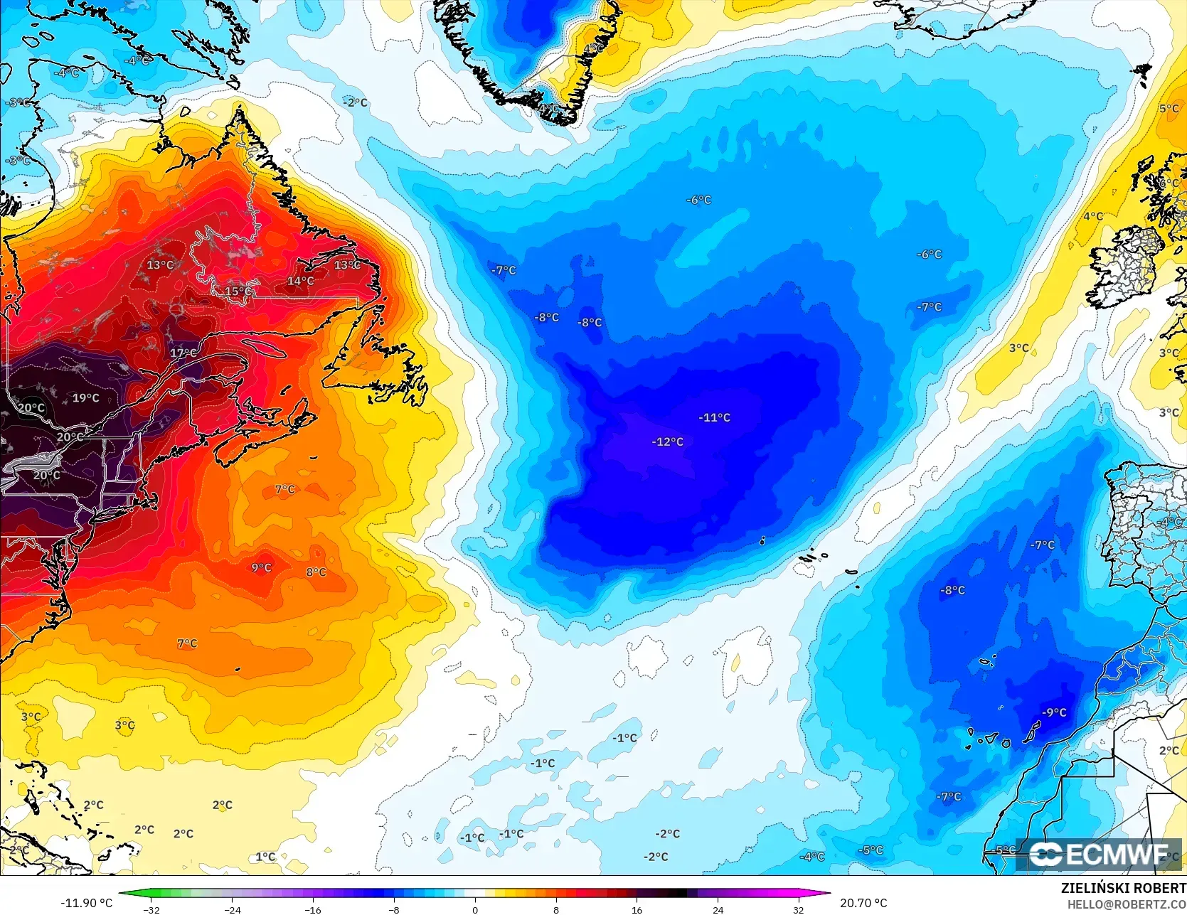 ECMWF IFS 0.25° model - North Atlantic, Temperature at 850hPa Anomaly