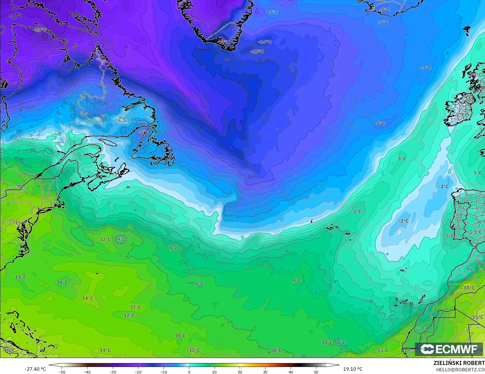 ECMWF IFS 0.25° model - North Atlantic, Temperature at 850hPa