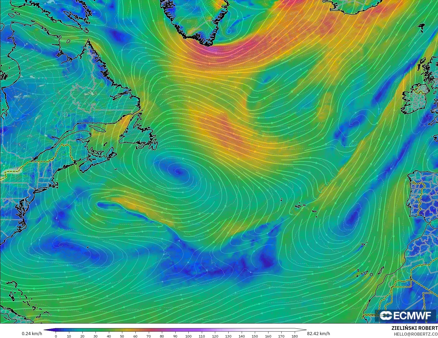 ECMWF IFS 0.25° model - North Atlantic, Wind at 10m
