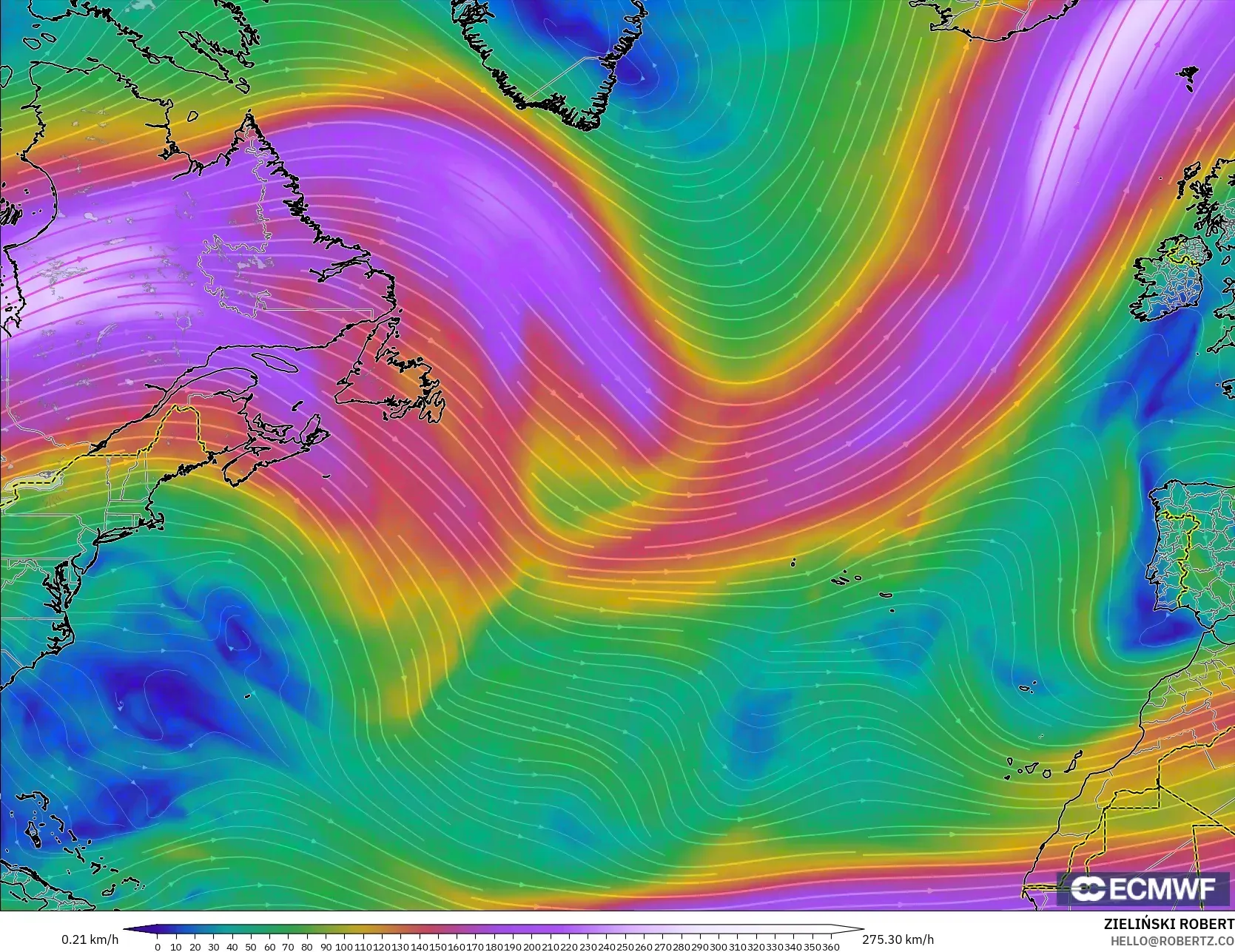 ECMWF IFS 0.25° model - North Atlantic, Wind at 300hPa (jet stream)