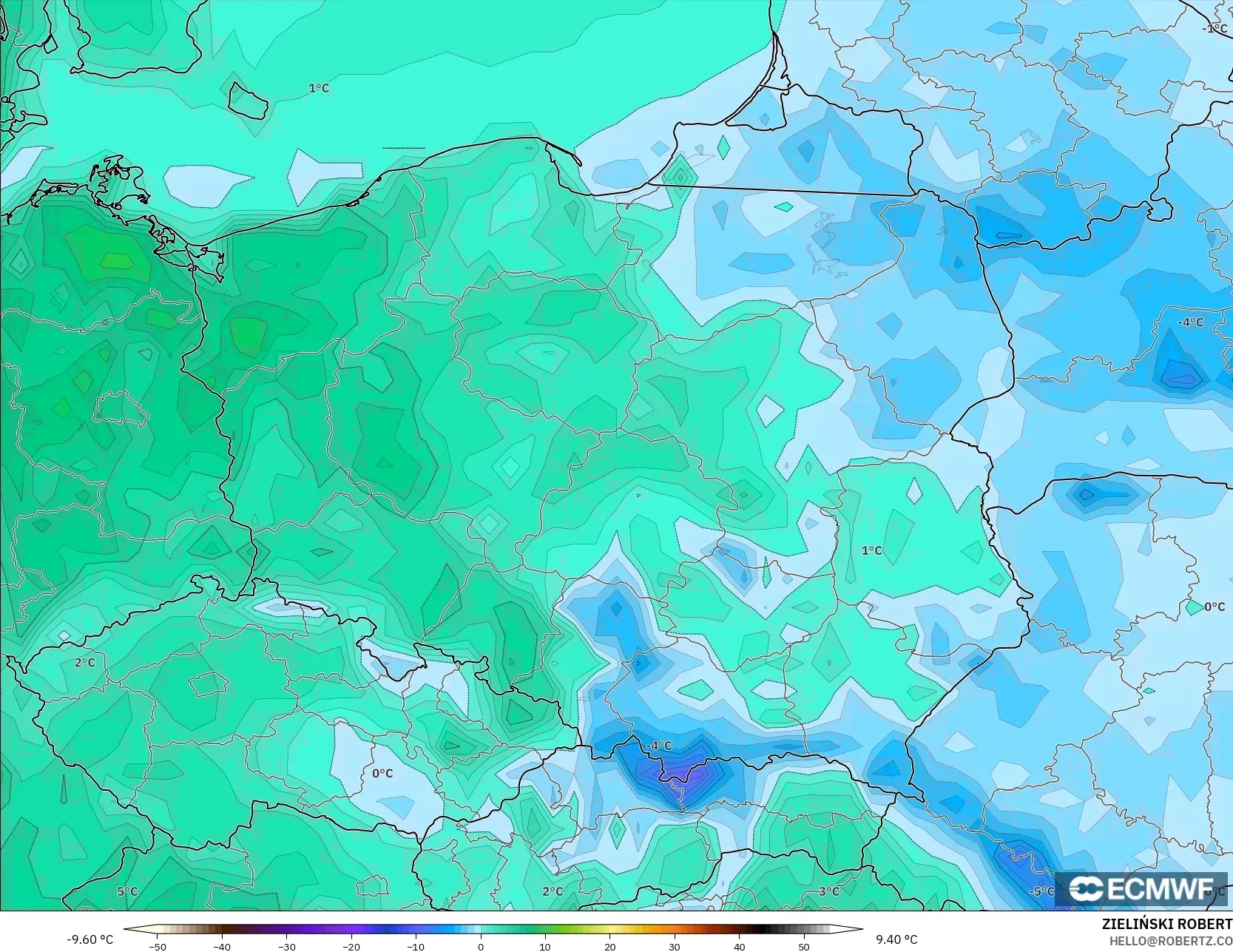 ECMWF IFS 0.25° model - Poland, Dewpoint at 2m