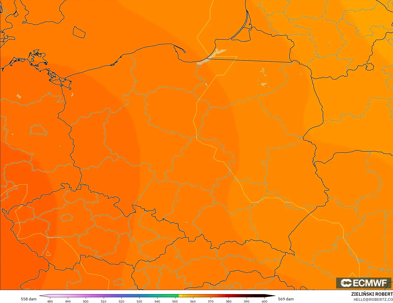 ECMWF IFS 0.25° model - Poland, Geopotential height at 500hPa