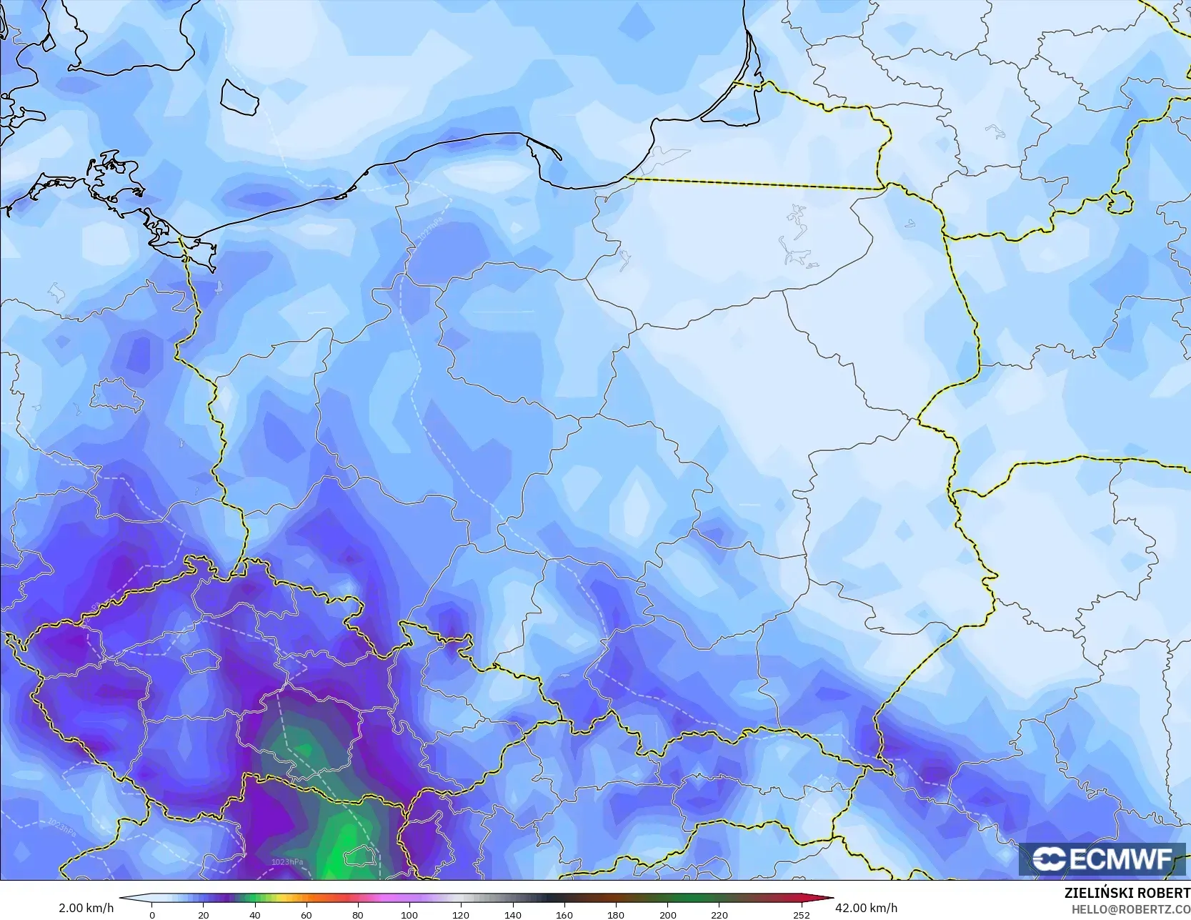 ECMWF IFS 0.25° model - Poland, Wind Gusts Peak
