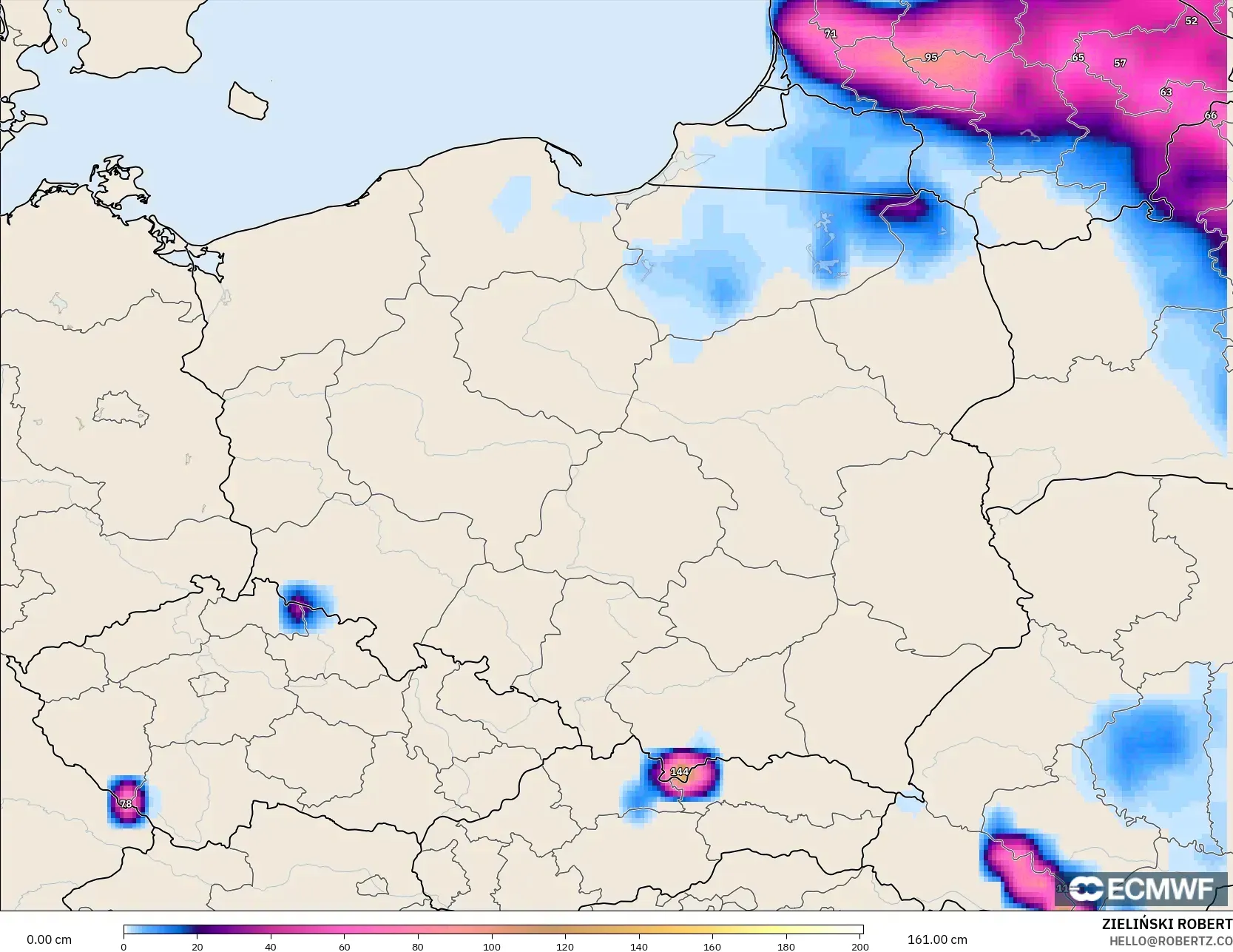 ECMWF IFS 0.25° model - Poland, Snow Depth
