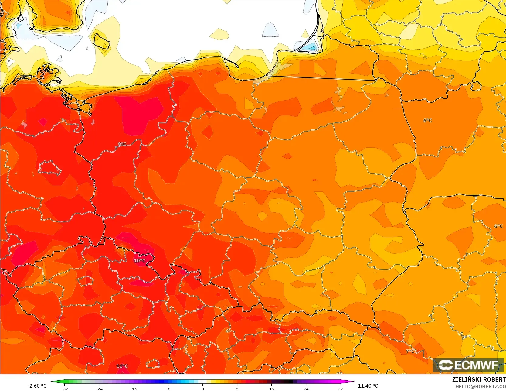 ECMWF IFS 0.25° model - Poland, Temperature at 2m Anomaly
