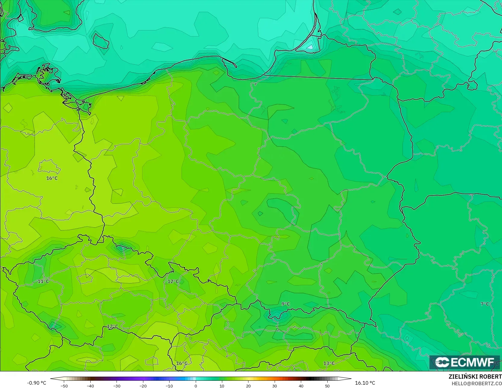 ECMWF IFS 0.25° model - Poland, Temperature at 2m