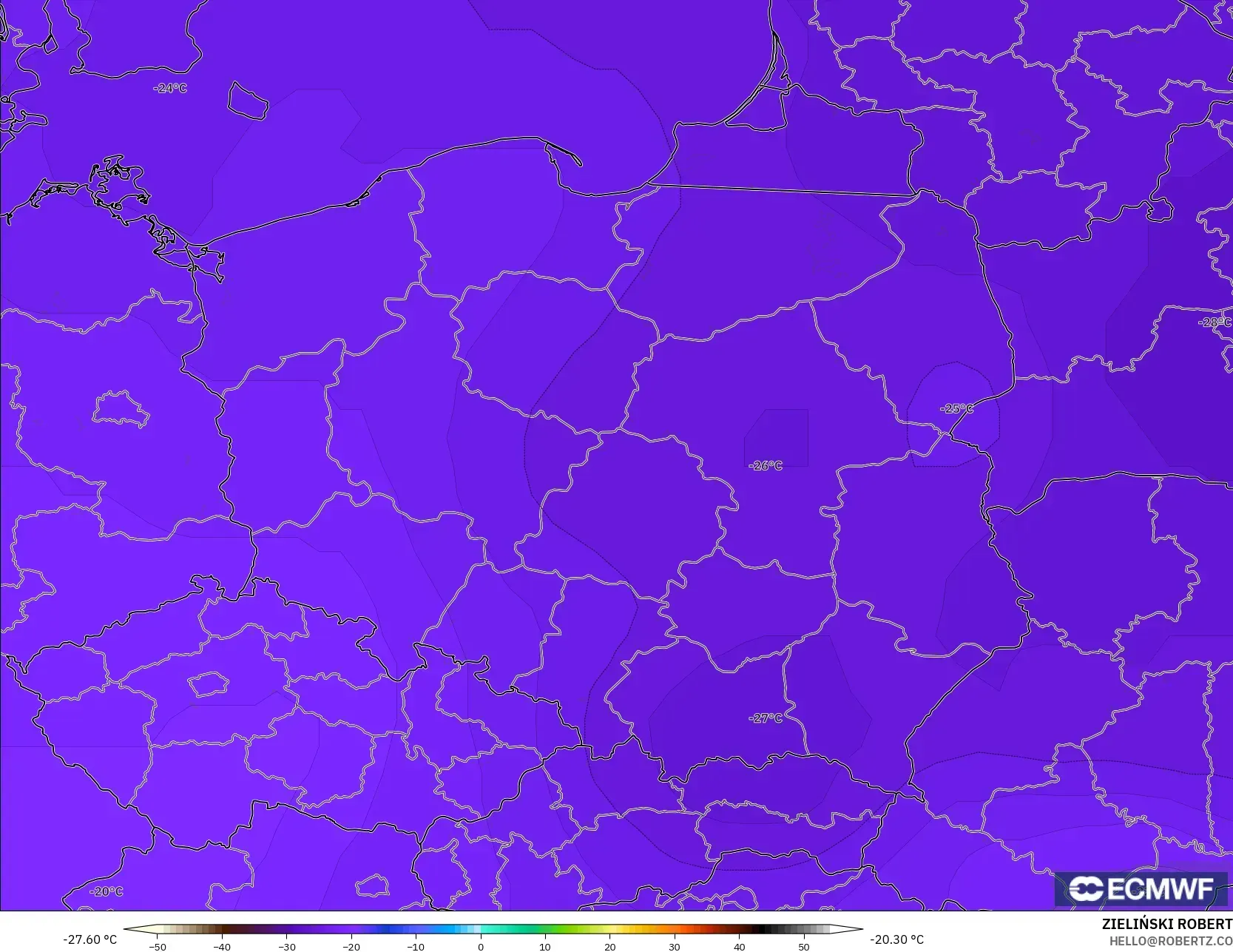 ECMWF IFS 0.25° model - Poland, Temperature at 500hPa