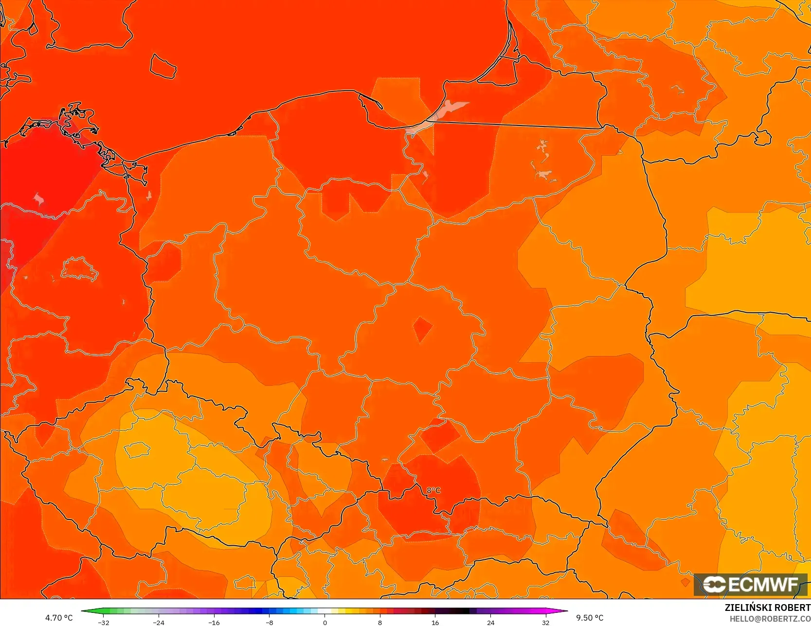 ECMWF IFS 0.25° model - Poland, Temperature at 850hPa Anomaly