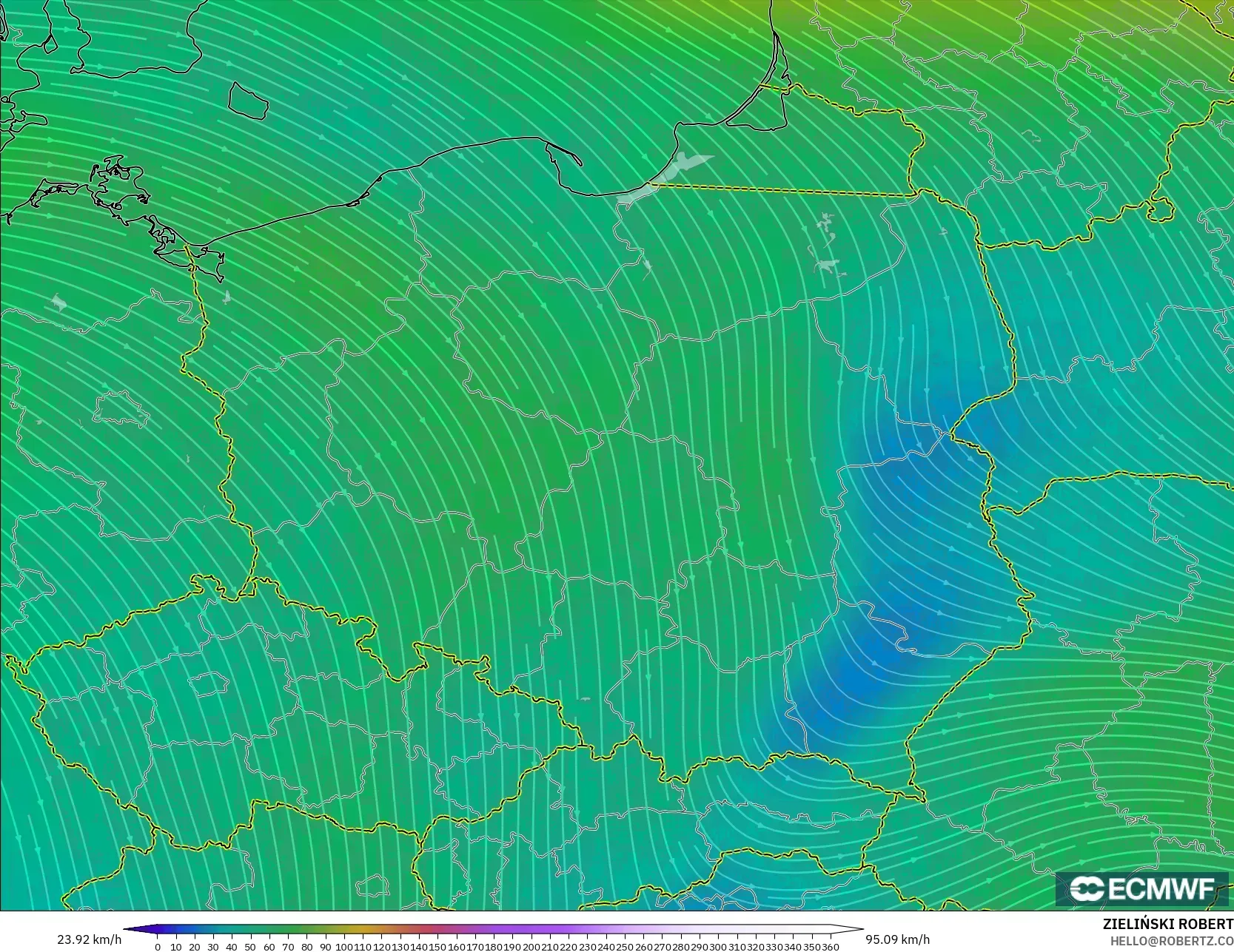 ECMWF IFS 0.25° model - Poland, Wind at 300hPa (jet stream)
