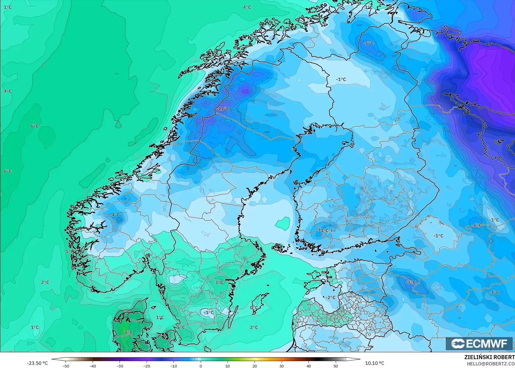 ECMWF IFS 0.25° model - Scandinavia, Dewpoint at 2m