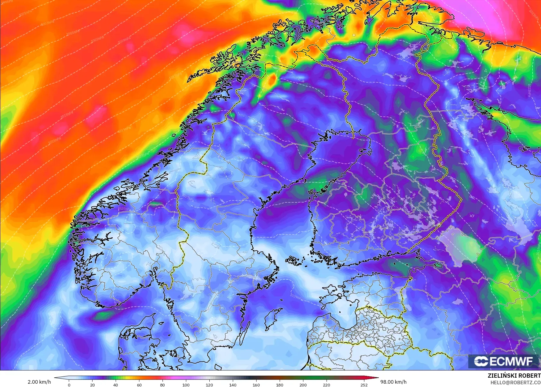ECMWF IFS 0.25° model - Scandinavia, Wind Gusts Peak
