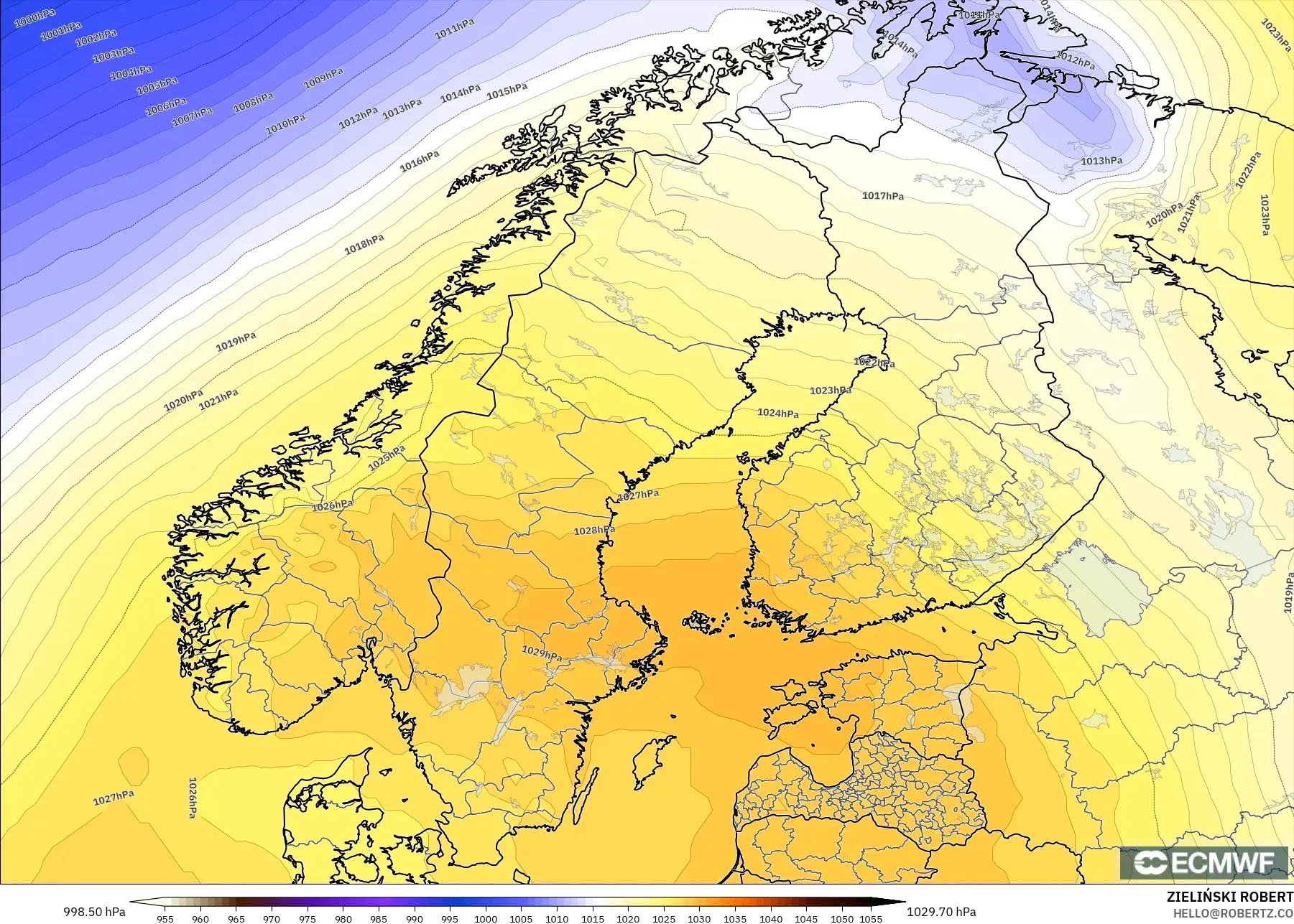 ECMWF IFS 0.25° model - Scandinavia, Pressure