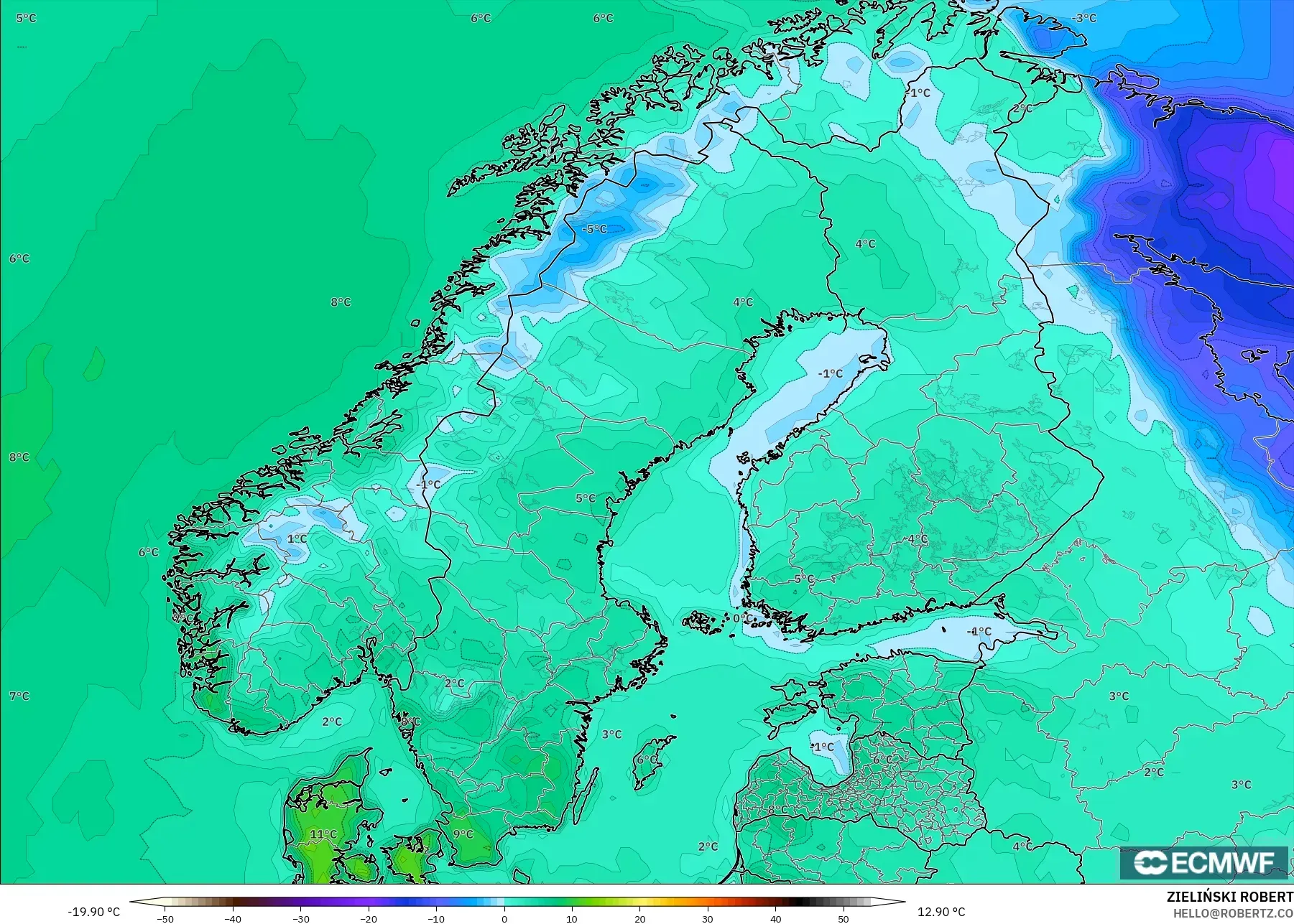 ECMWF IFS 0.25° model - Scandinavia, Temperature at 2m