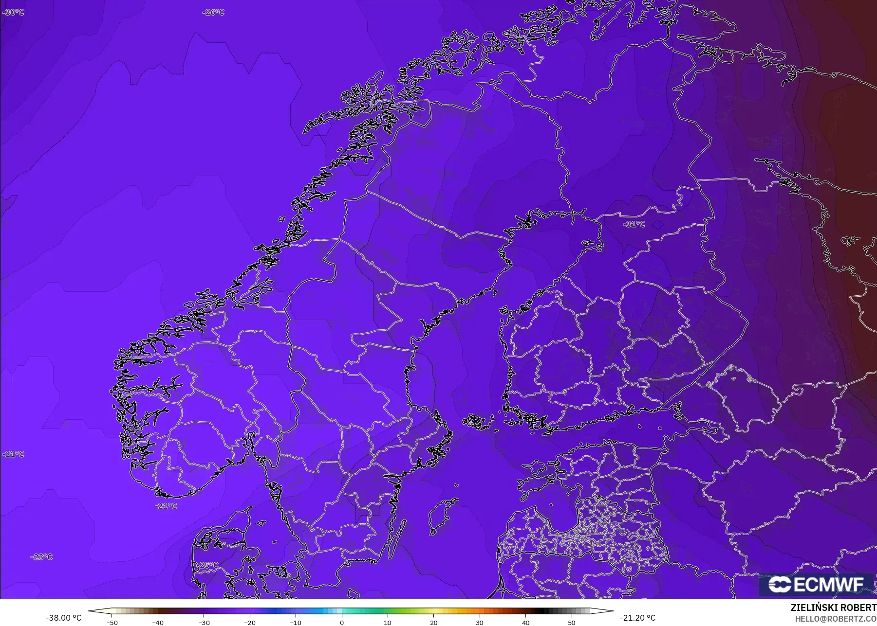 ECMWF IFS 0.25° model - Scandinavia, Temperature at 500hPa