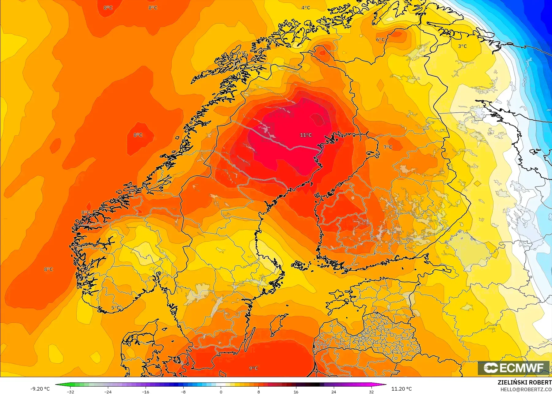 ECMWF IFS 0.25° model - Scandinavia, Temperature at 850hPa Anomaly