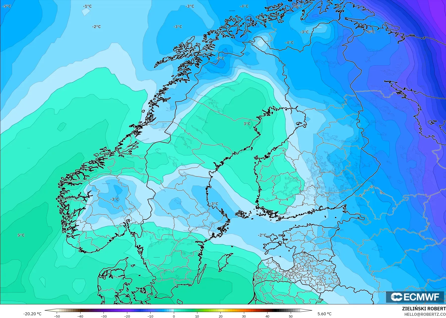 ECMWF IFS 0.25° model - Scandinavia, Temperature at 850hPa