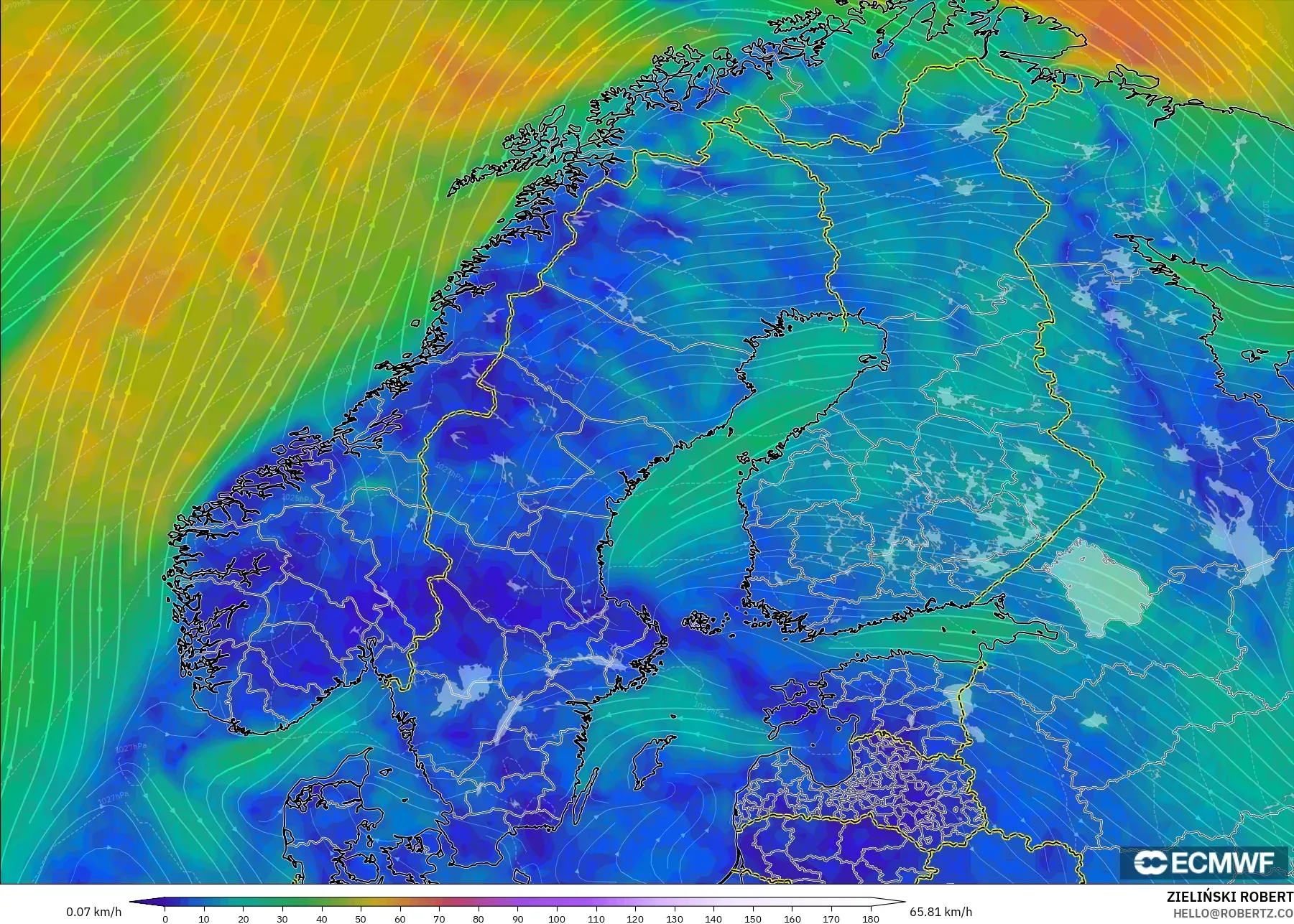 ECMWF IFS 0.25° model - Scandinavia, Wind at 10m