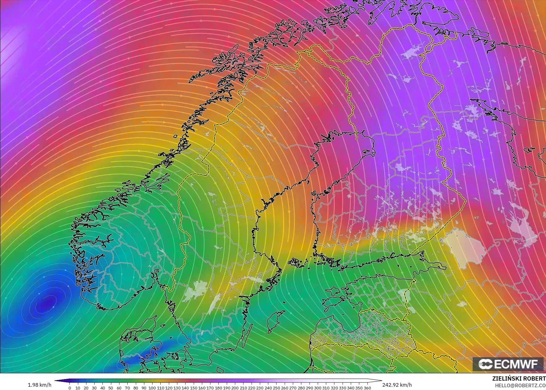 ECMWF IFS 0.25° model - Scandinavia, Wind at 300hPa (jet stream)