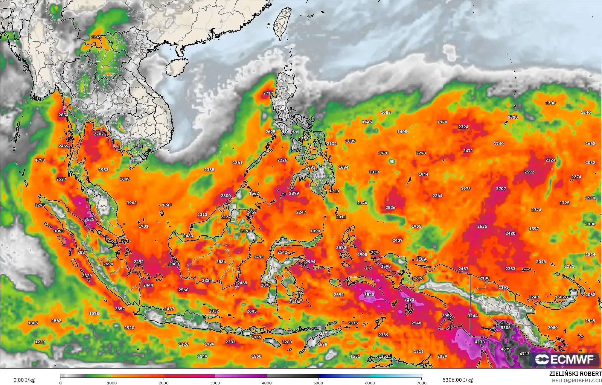 ECMWF IFS 0.25° model - South East Asia, CAPE
