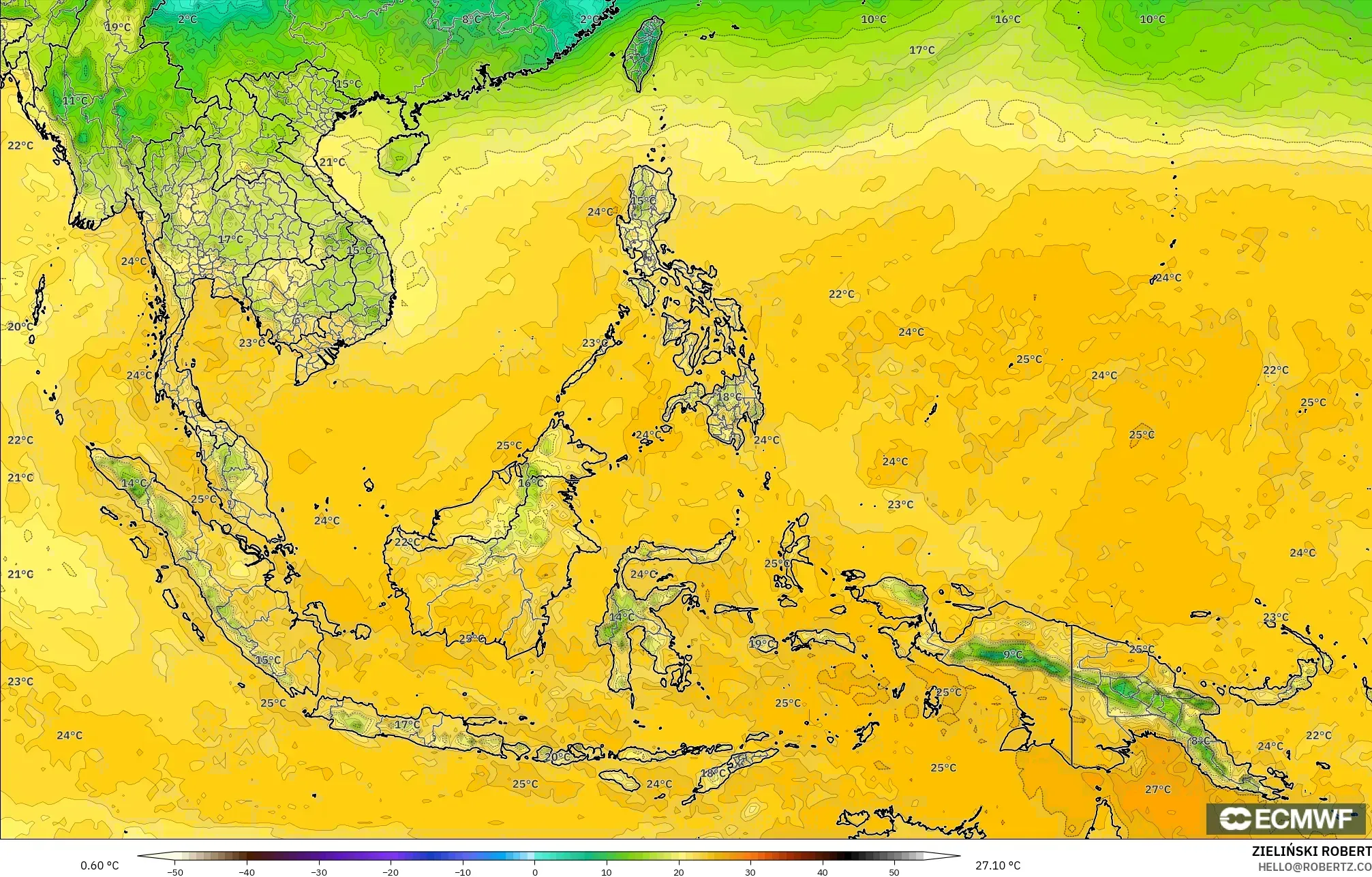 ECMWF IFS 0.25° model - South East Asia, Dewpoint at 2m