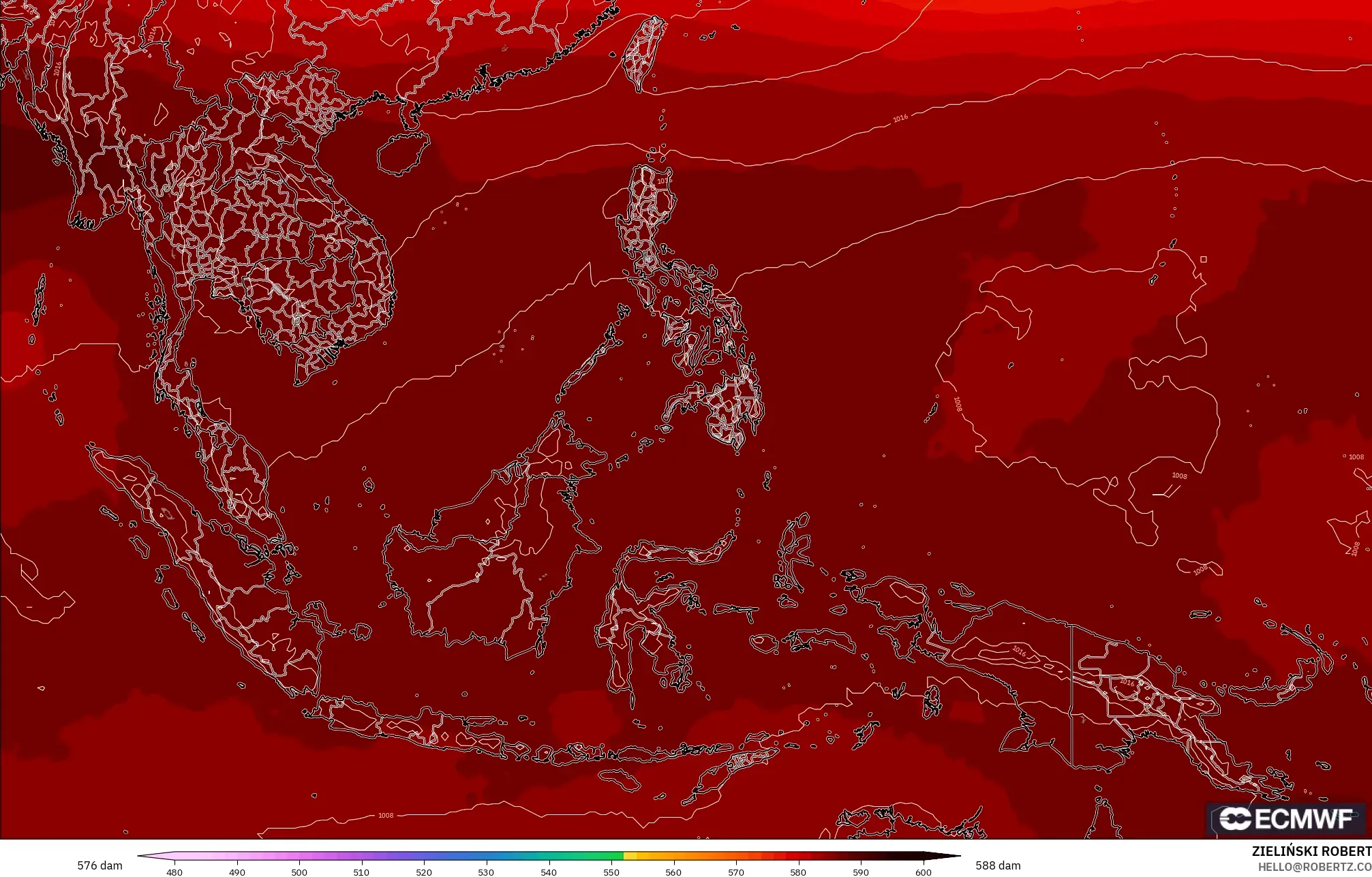 ECMWF IFS 0.25° model - South East Asia, Geopotential height at 500hPa