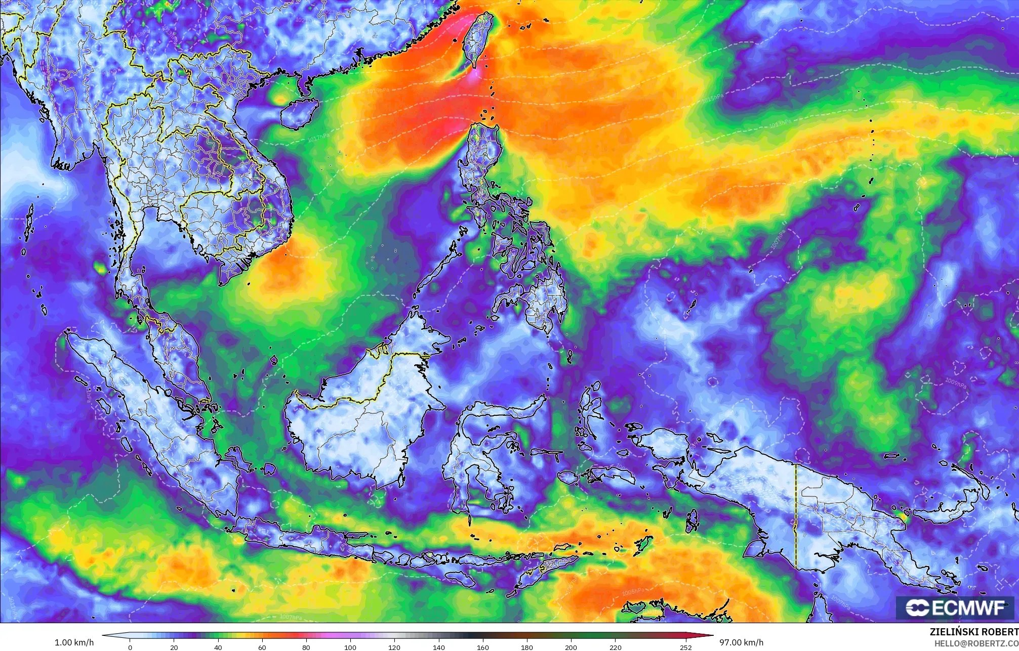 ECMWF IFS 0.25° model - South East Asia, Wind Gusts