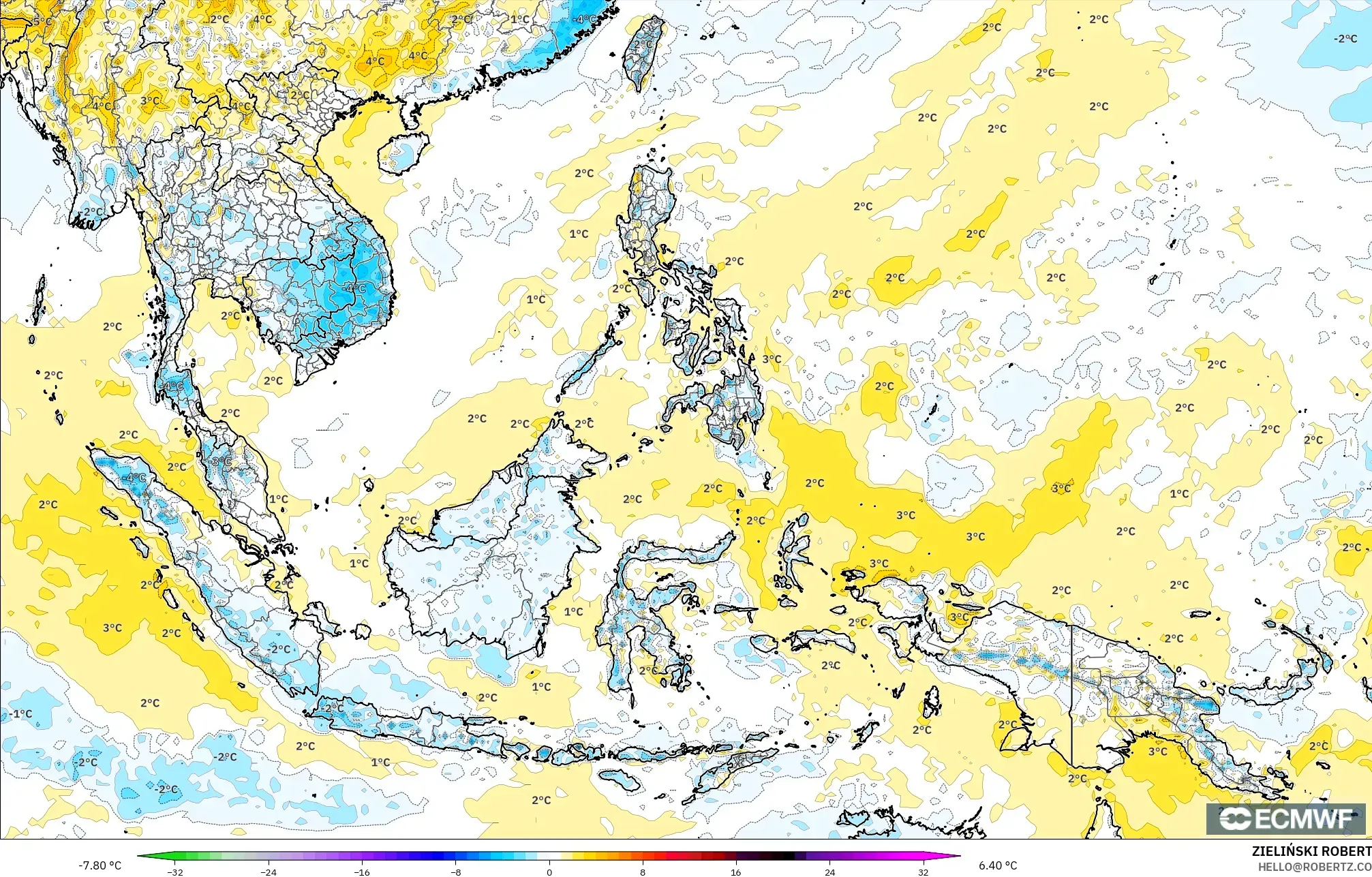 ECMWF IFS 0.25° model - South East Asia, Temperature at 2m Anomaly